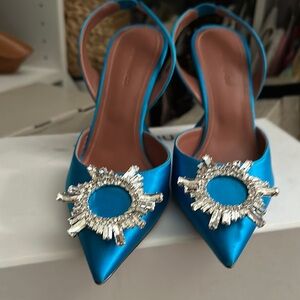 Amina Muaddi Blue and Silver Heels with Crystal Embellishments